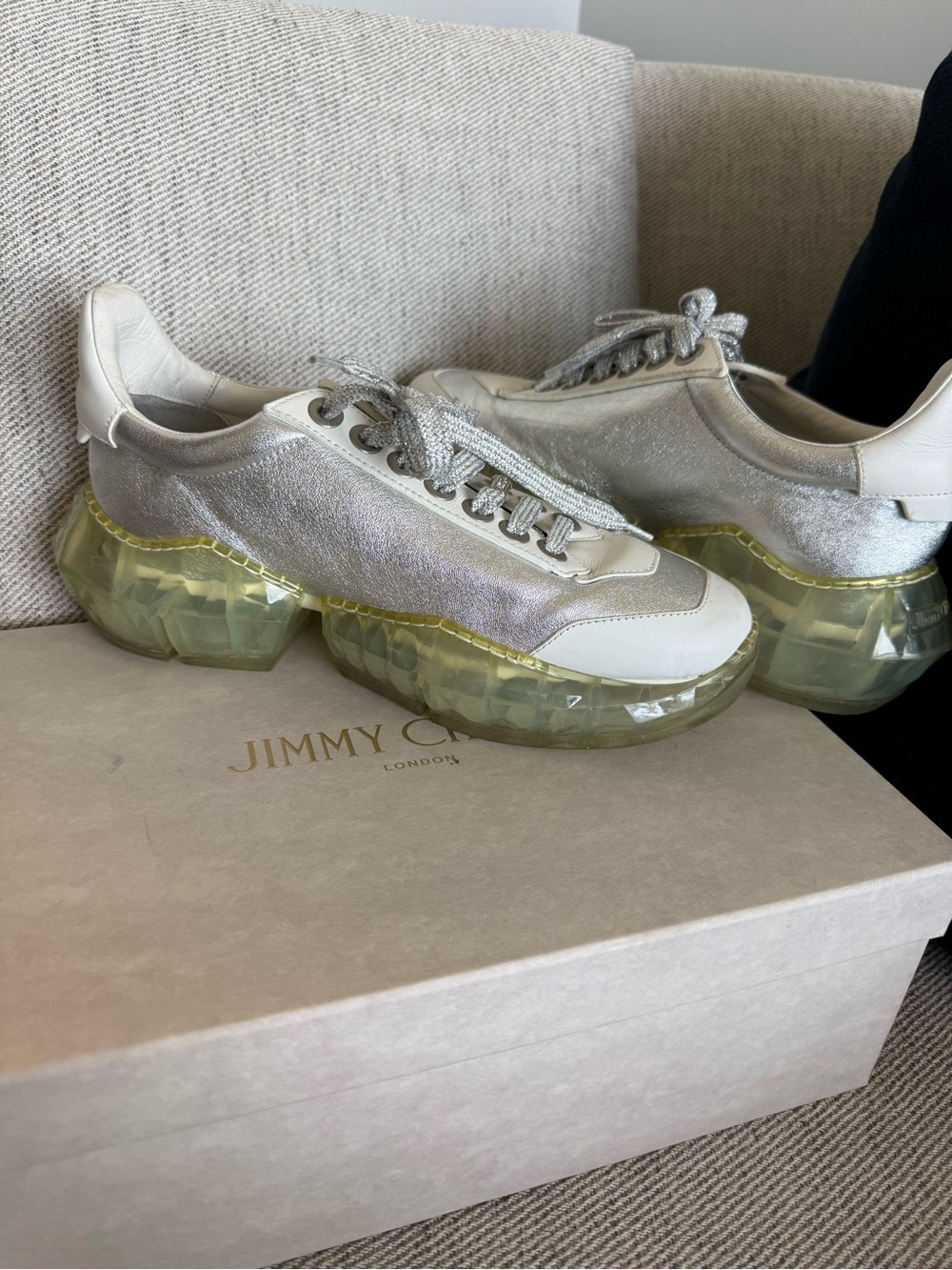 Jimmy Choo Women’s cSilver Glitter Sneakers with Translucent Platform Size 37
